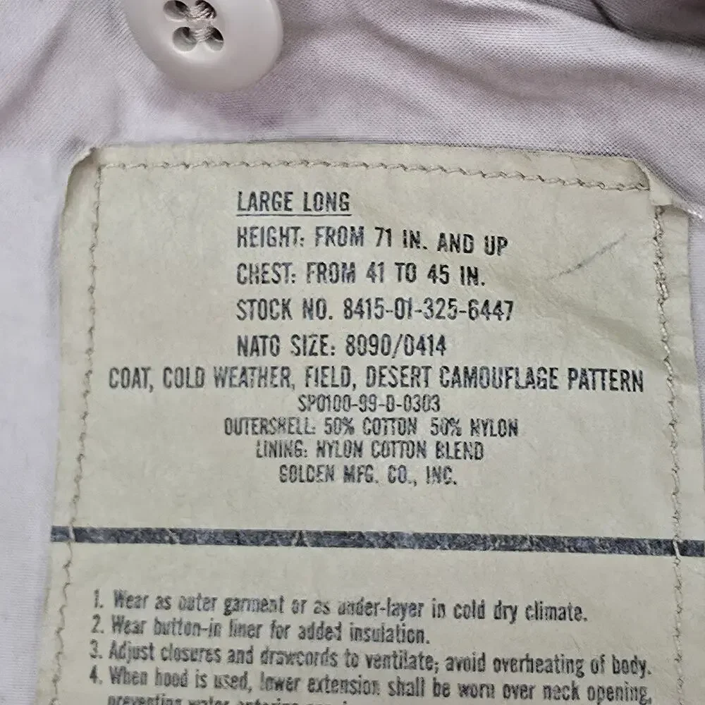 US Air Force DCU Desert Camo Field Jacket 1999 Large Long Patched USAF Vintage